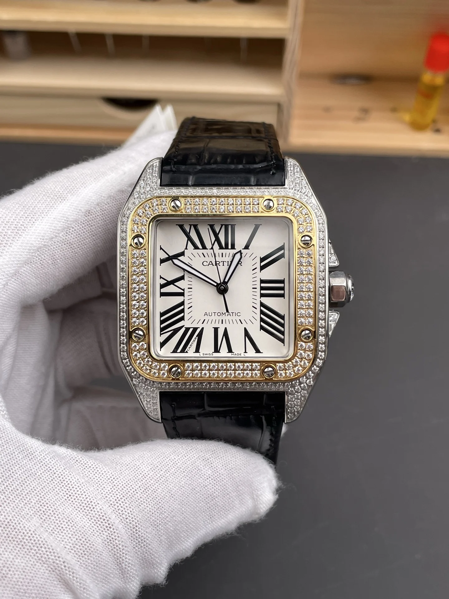 Cartier Santos Two-Tone White Dial Diamond-Set 51 × 41mm — photographed off the sweep