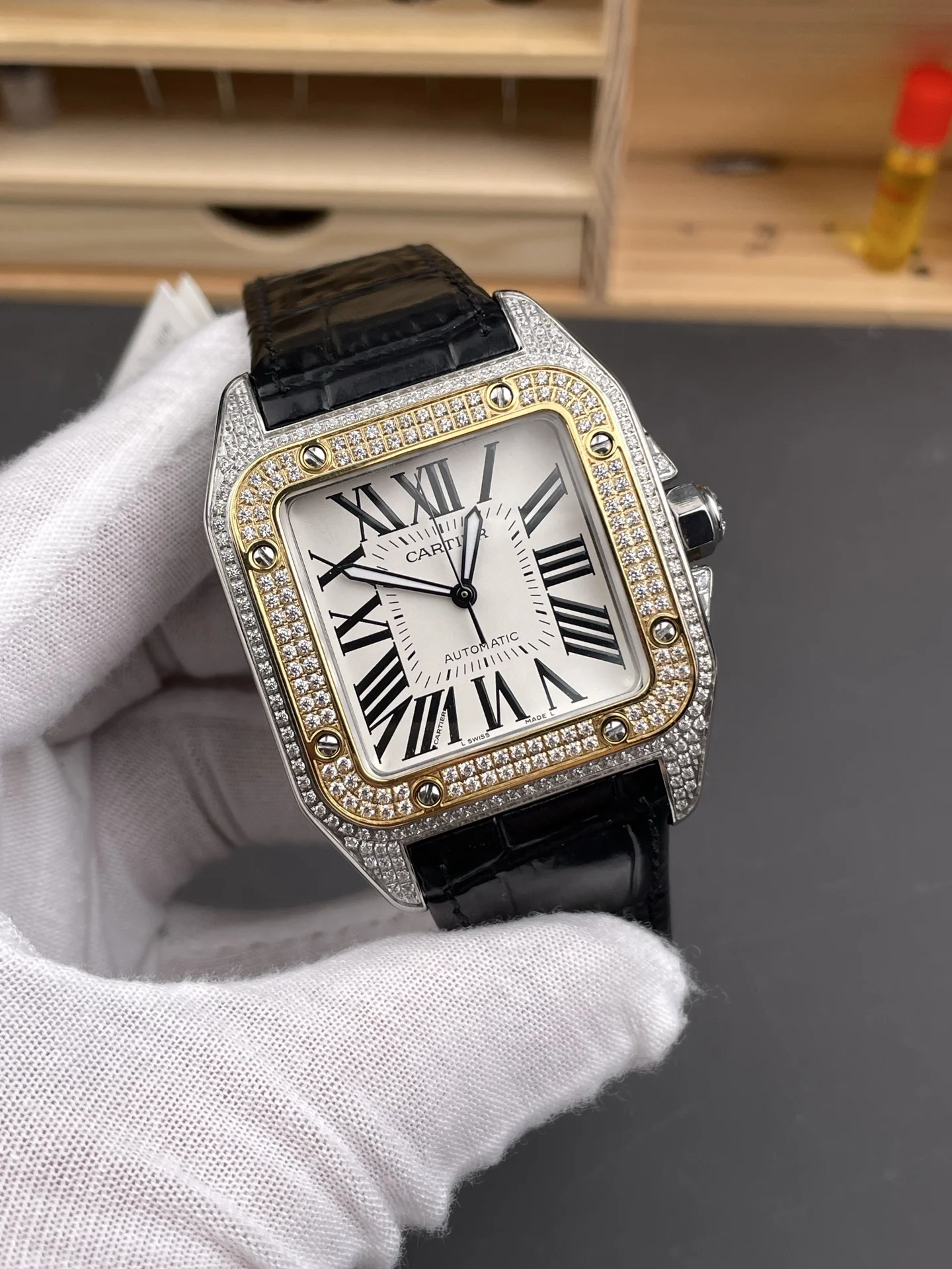 Cartier Santos Two-Tone White Dial Diamond-Set 51 × 41mm — photographed off the sweep