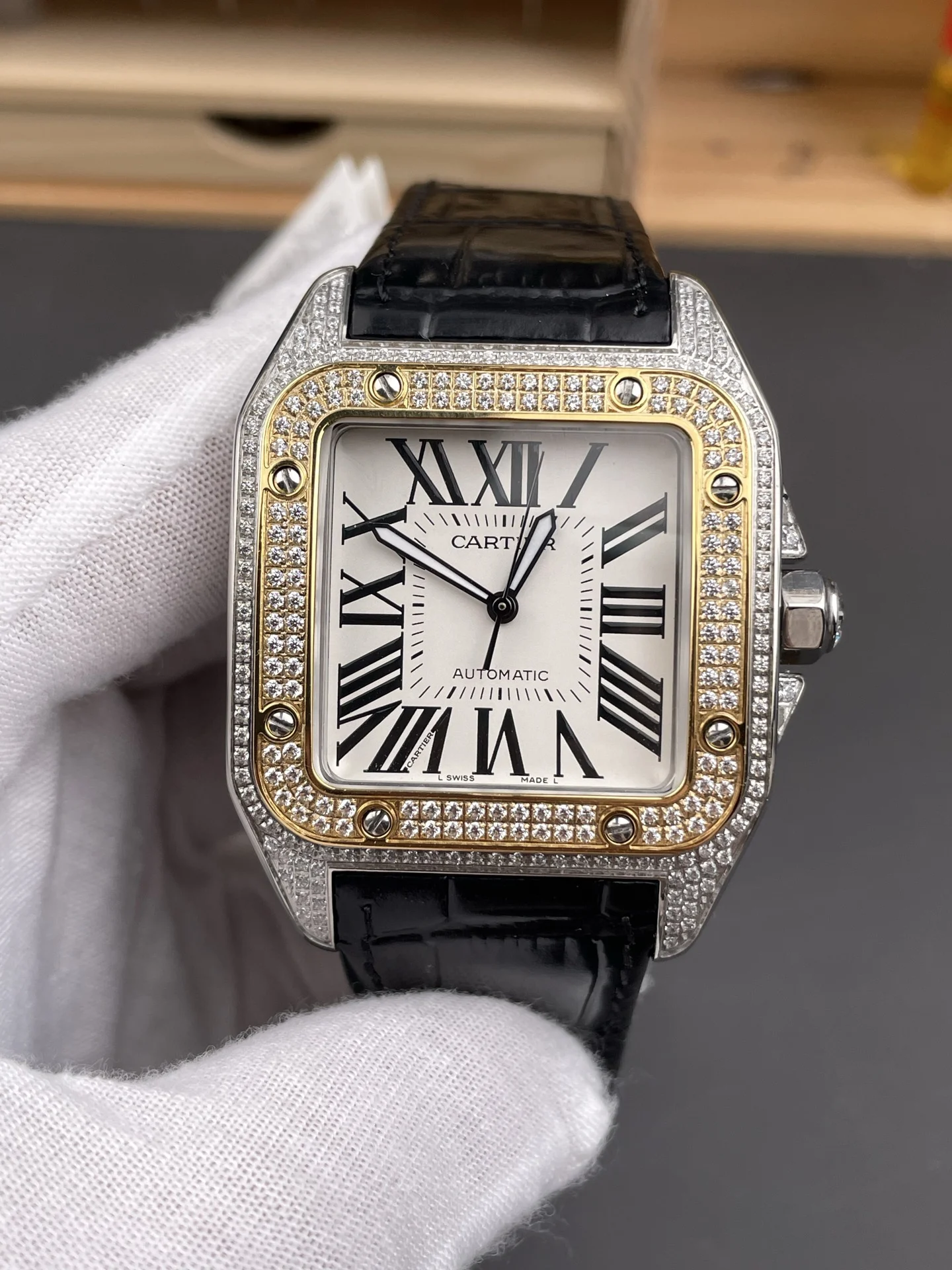 Cartier Santos Two-Tone White Dial Diamond-Set 51 × 41mm — photographed off the sweep