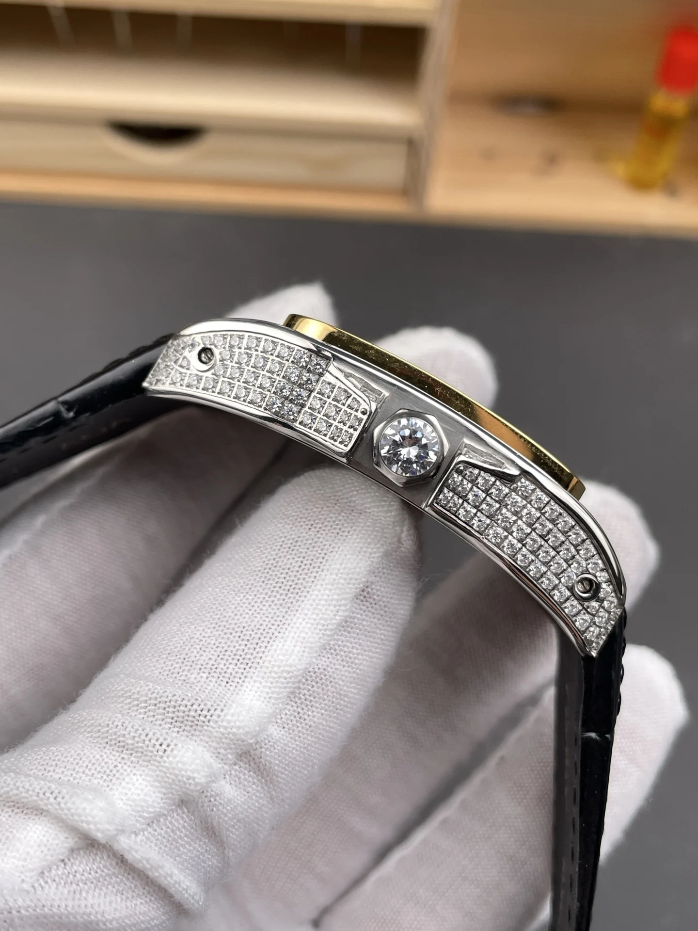 Cartier Santos Two-Tone White Dial Diamond-Set 51 × 41mm — photographed off the sweep