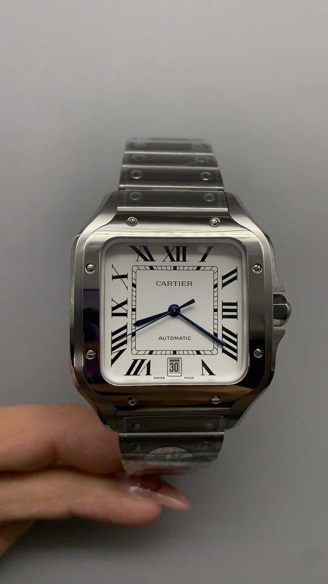 Cartier Santos White Dial 39.8mm — photographed off the sweep