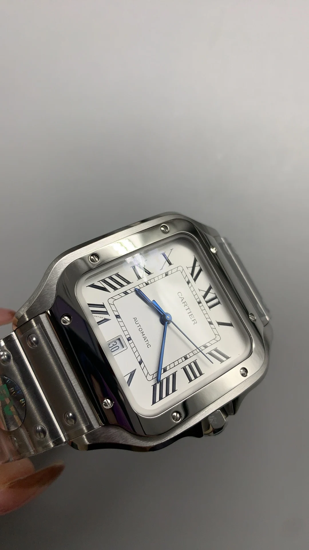 Cartier Santos White Dial 39.8mm — photographed off the sweep