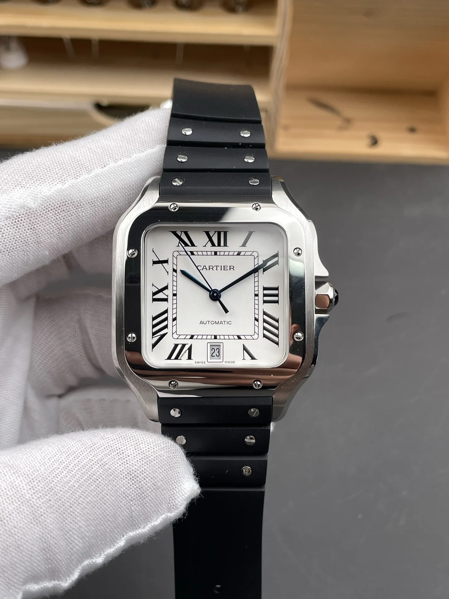 Cartier Santos White Dial 39.8mm — photographed off the sweep