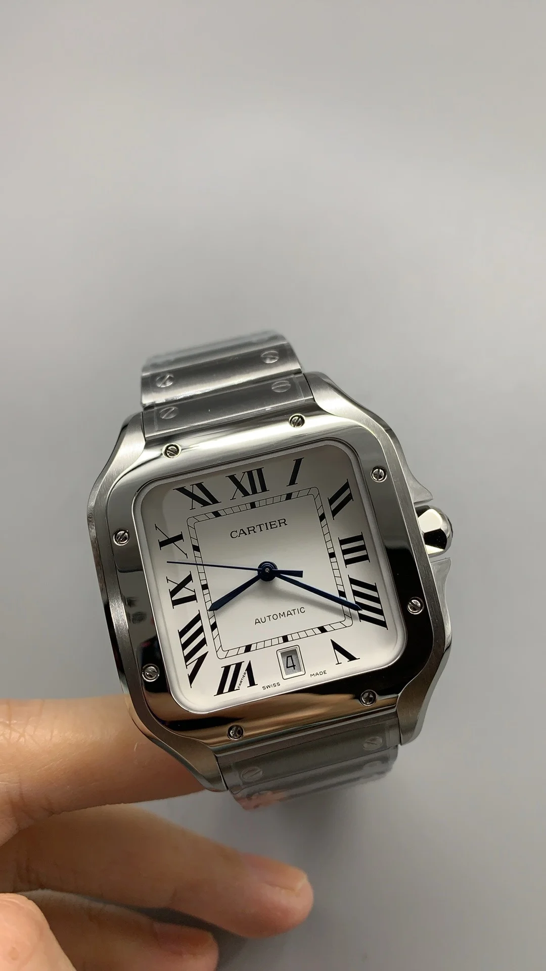 Cartier Santos White Dial 40mm — photographed off the sweep