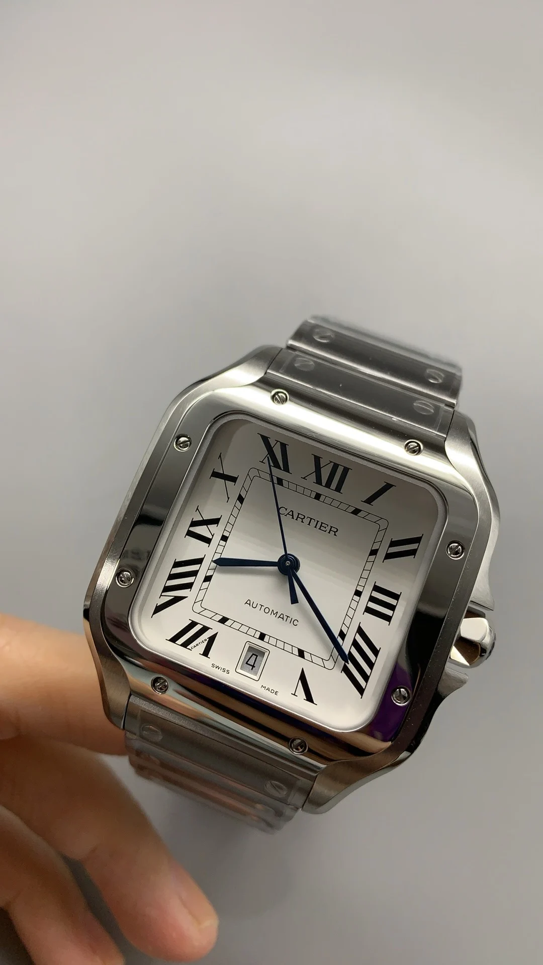 Cartier Santos White Dial 40mm — photographed off the sweep
