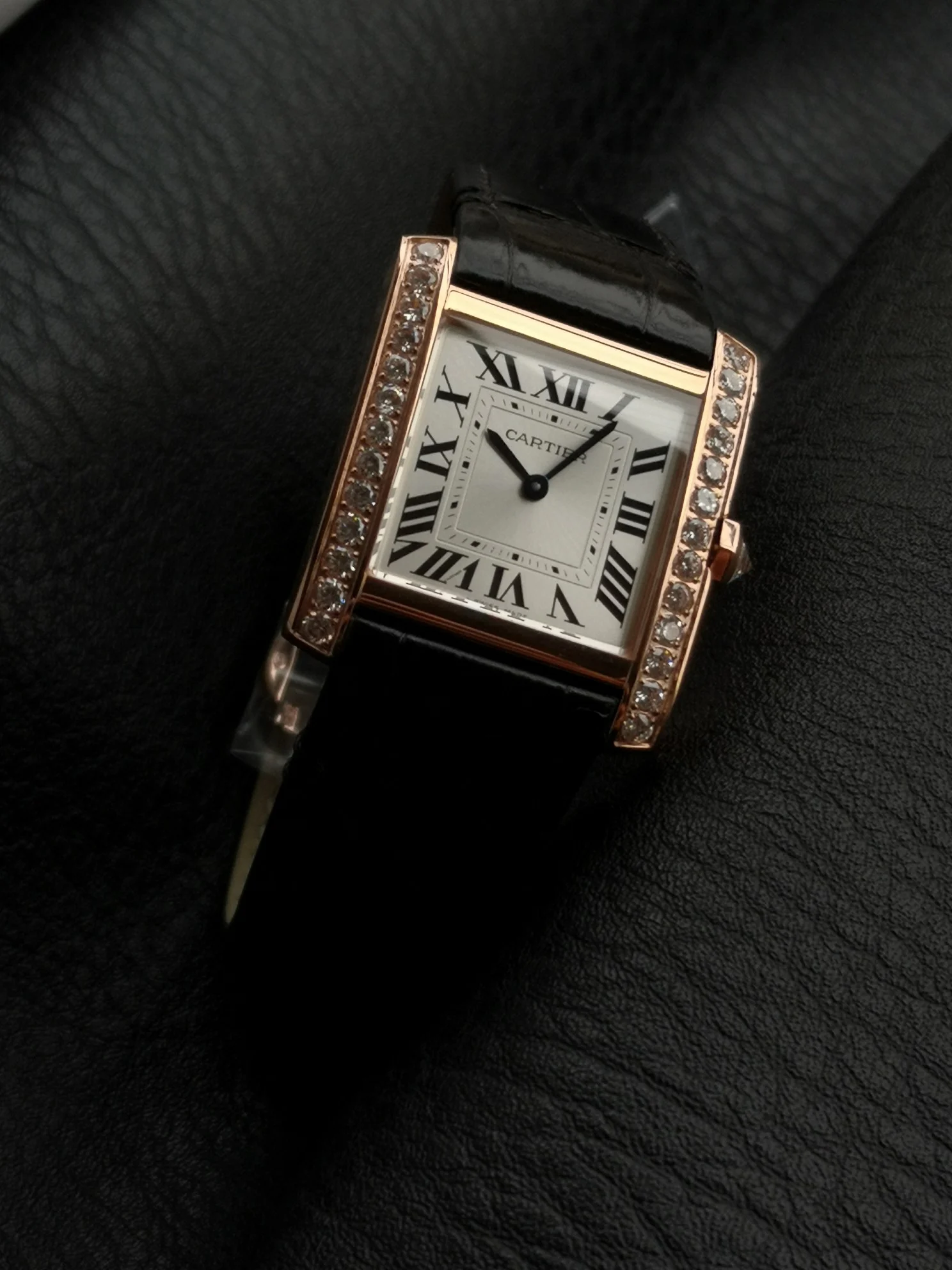 Cartier Tank Française Champagne Rose Gold White Dial — photographed off the sweep