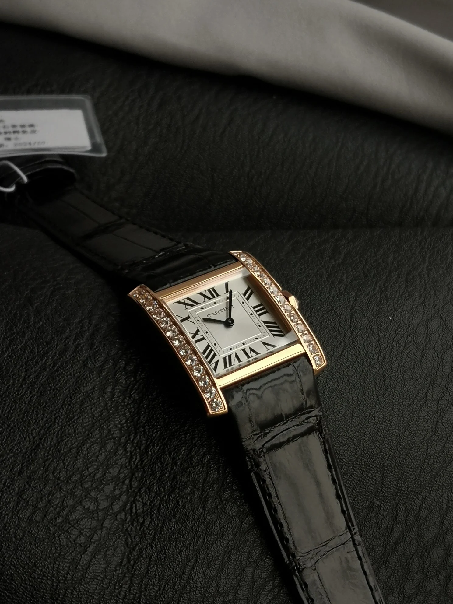 Cartier Tank Française Champagne Rose Gold White Dial — photographed off the sweep