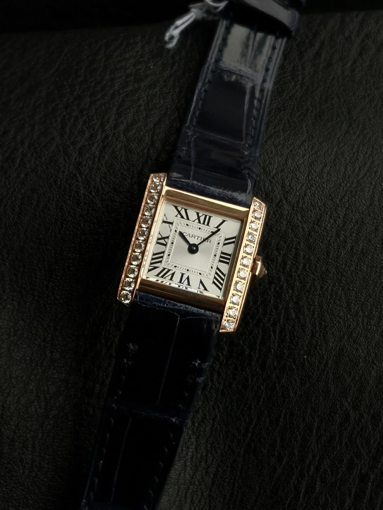 Cartier Tank Française Champagne Rose Gold White Dial — photographed off the sweep