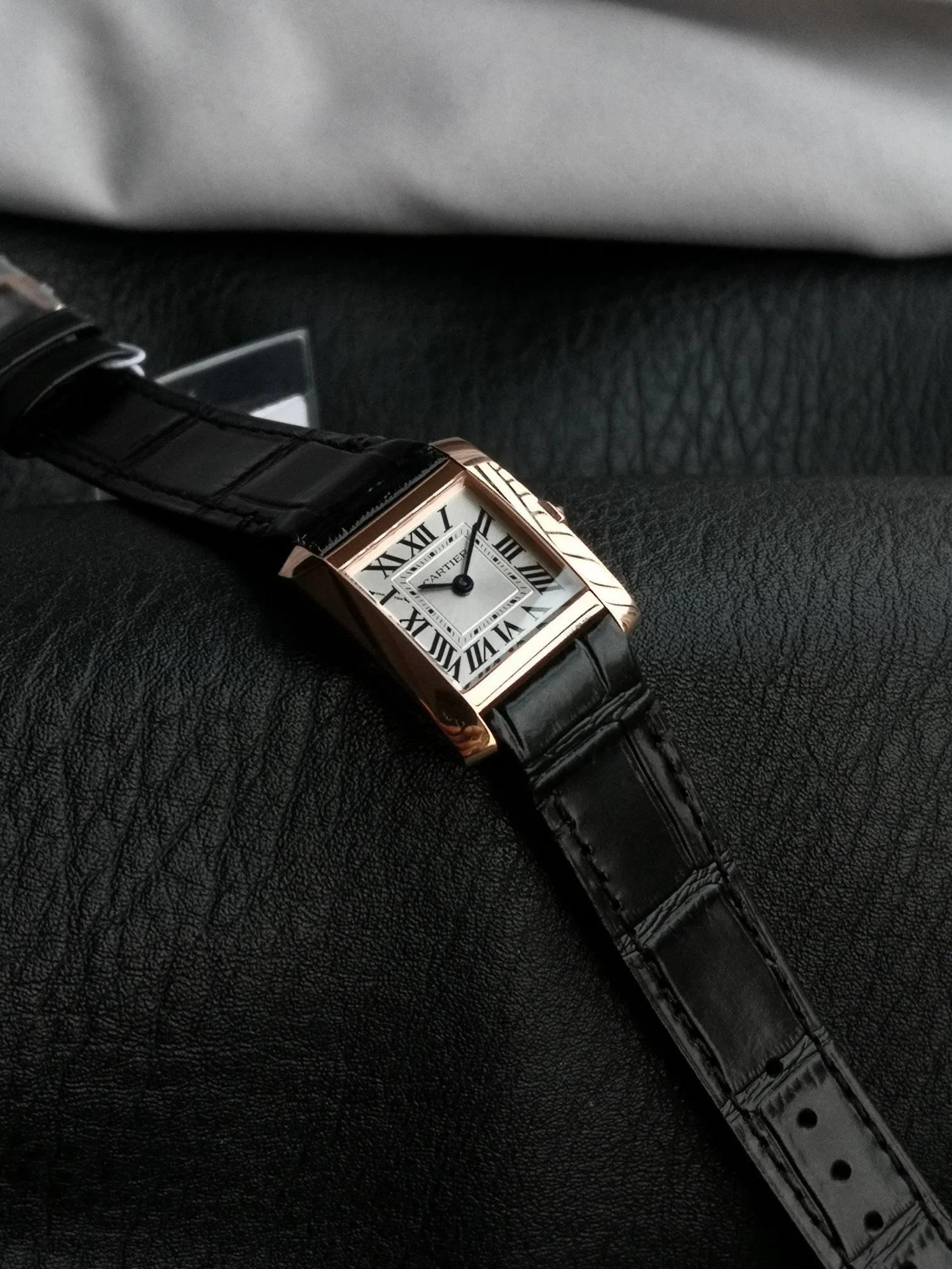 Cartier Tank Française Champagne Rose Gold Yellow Dial — photographed off the sweep
