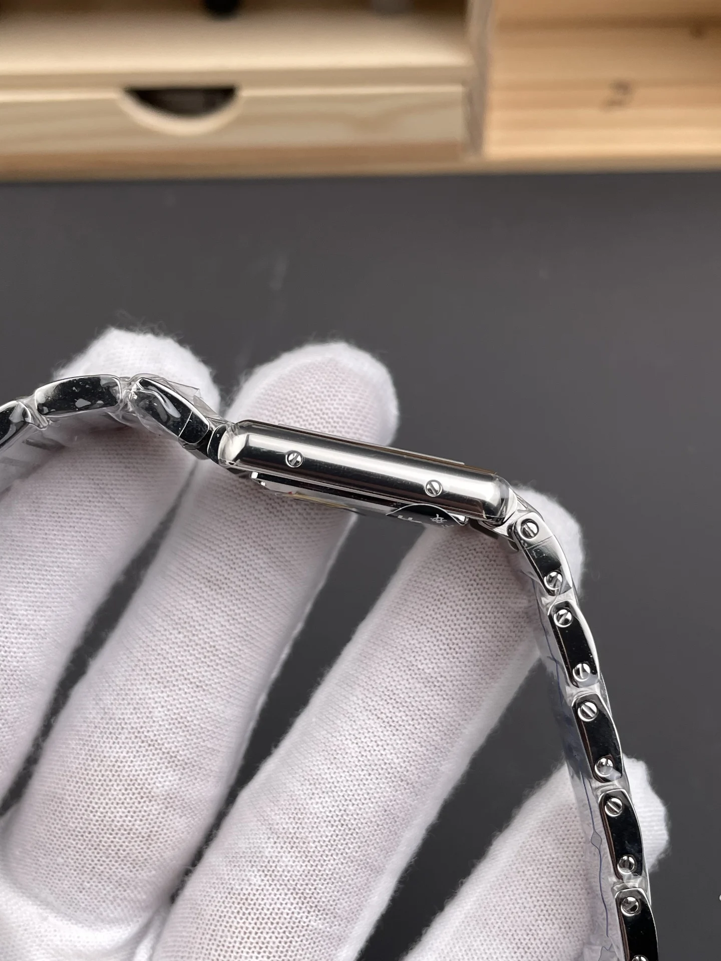 Cartier Tank Steel 29.5 × 22mm — photographed off the sweep