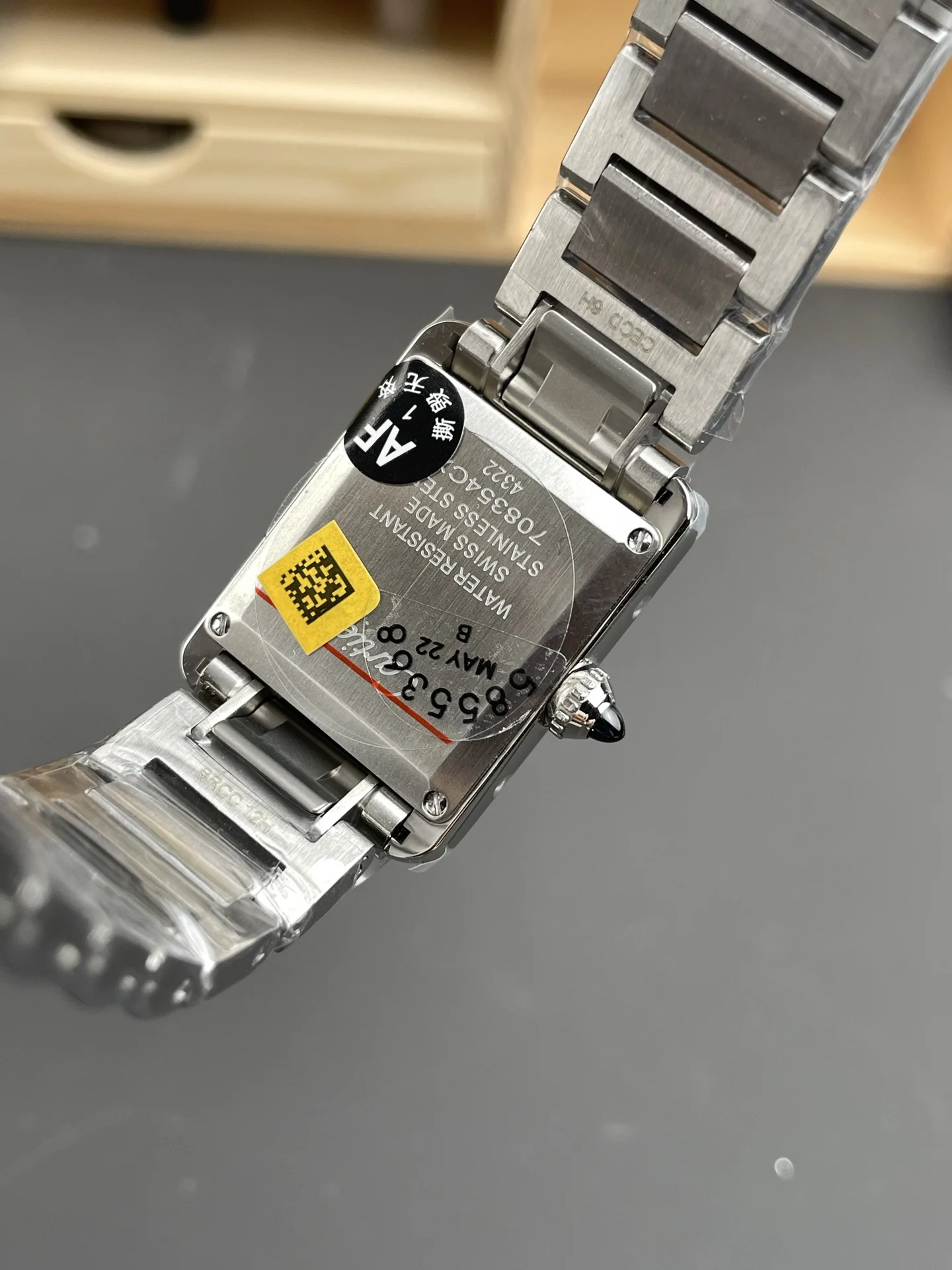 Cartier Tank Steel 29.5 × 22mm — photographed off the sweep