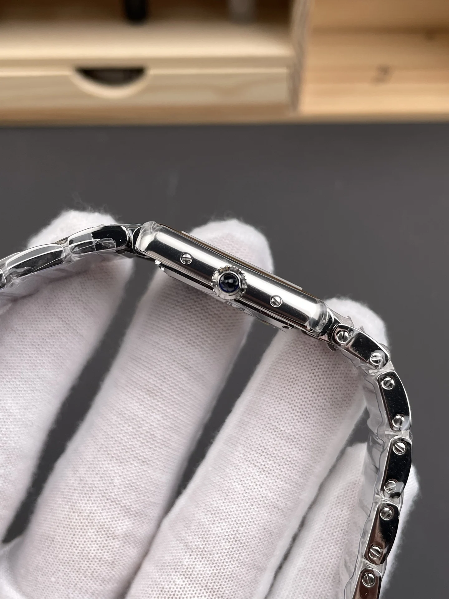 Cartier Tank Steel 29.5 × 22mm — photographed off the sweep