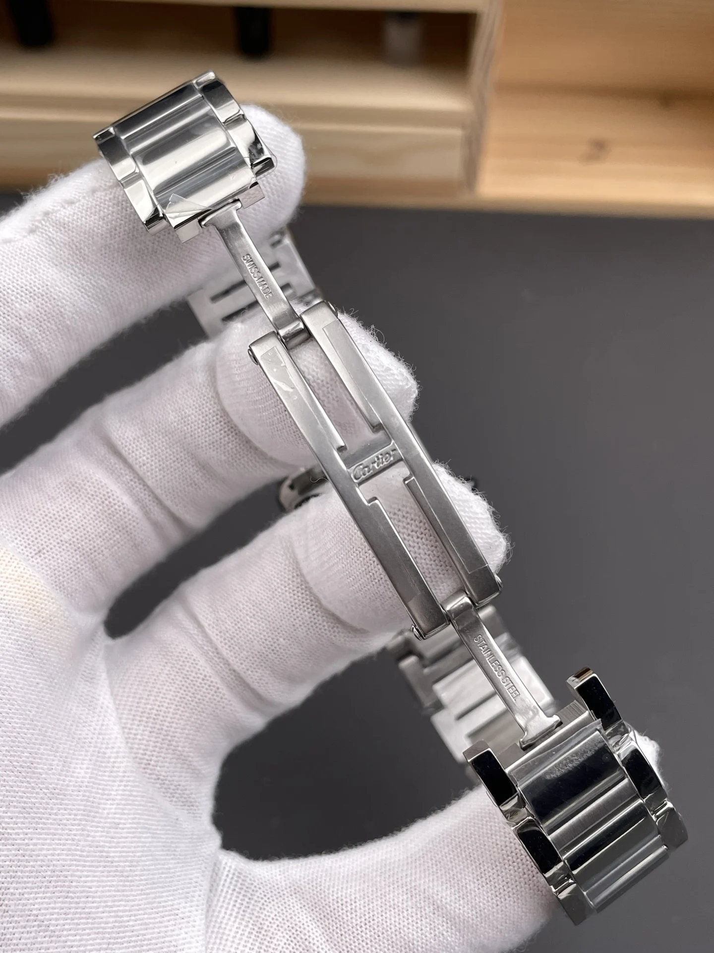 Cartier Tank Steel 29.5 × 22mm — photographed off the sweep