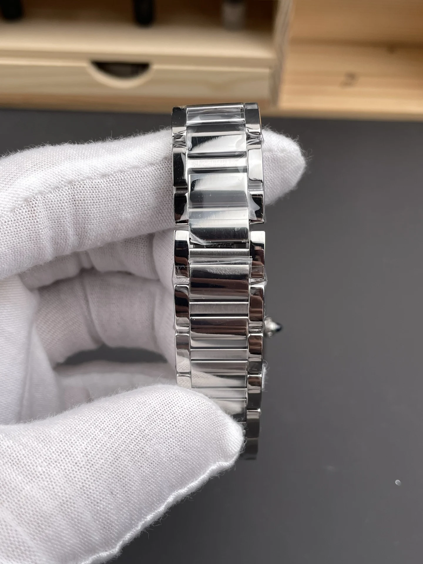 Cartier Tank Steel 29.5 × 22mm — photographed off the sweep