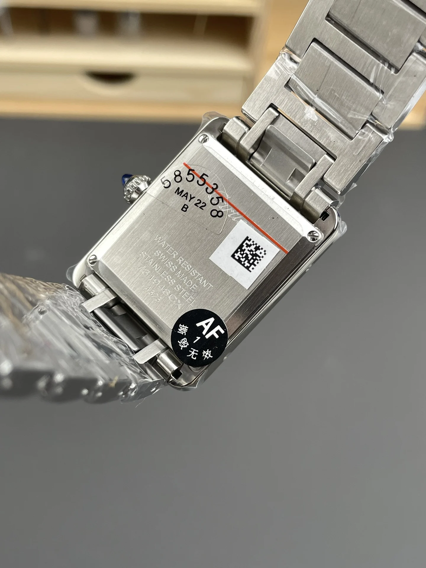 Cartier Tank Steel 33.7 × 25.5mm — photographed off the sweep