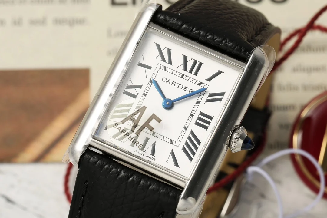 Cartier Tank Steel Blue Dial 29.5mm — photographed off the sweep