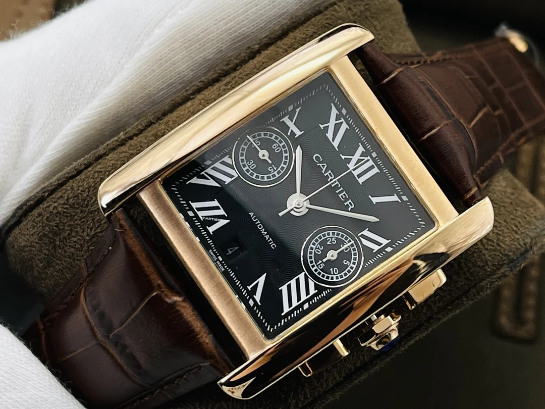 Cartier Tank Steel Blue Dial 34.3mm — photographed off the sweep
