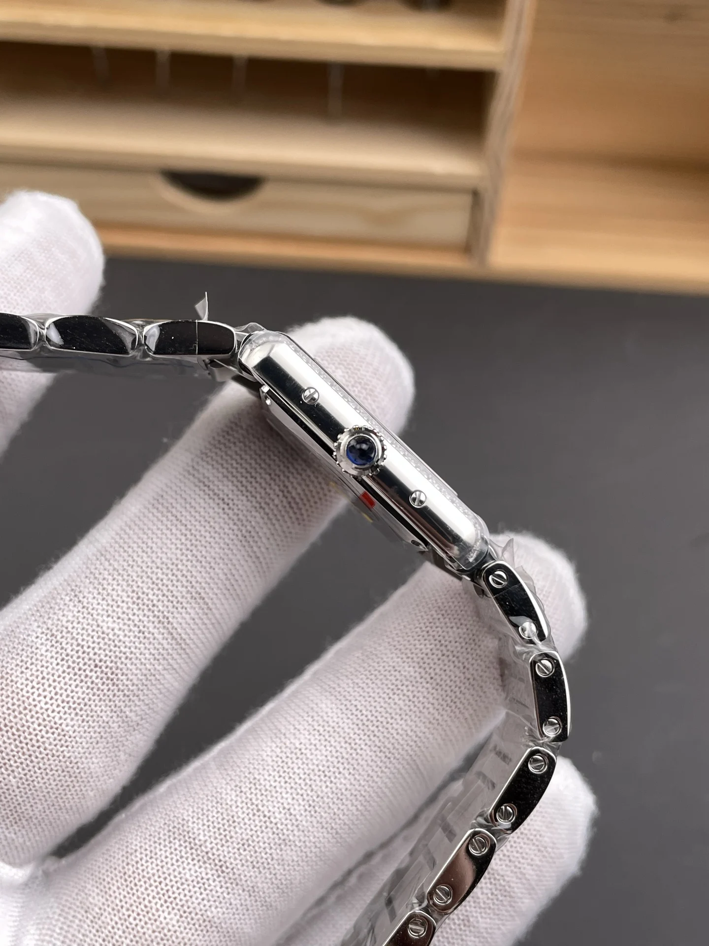 Cartier Tank Steel Diamond-Set 29.5 × 22mm — photographed off the sweep