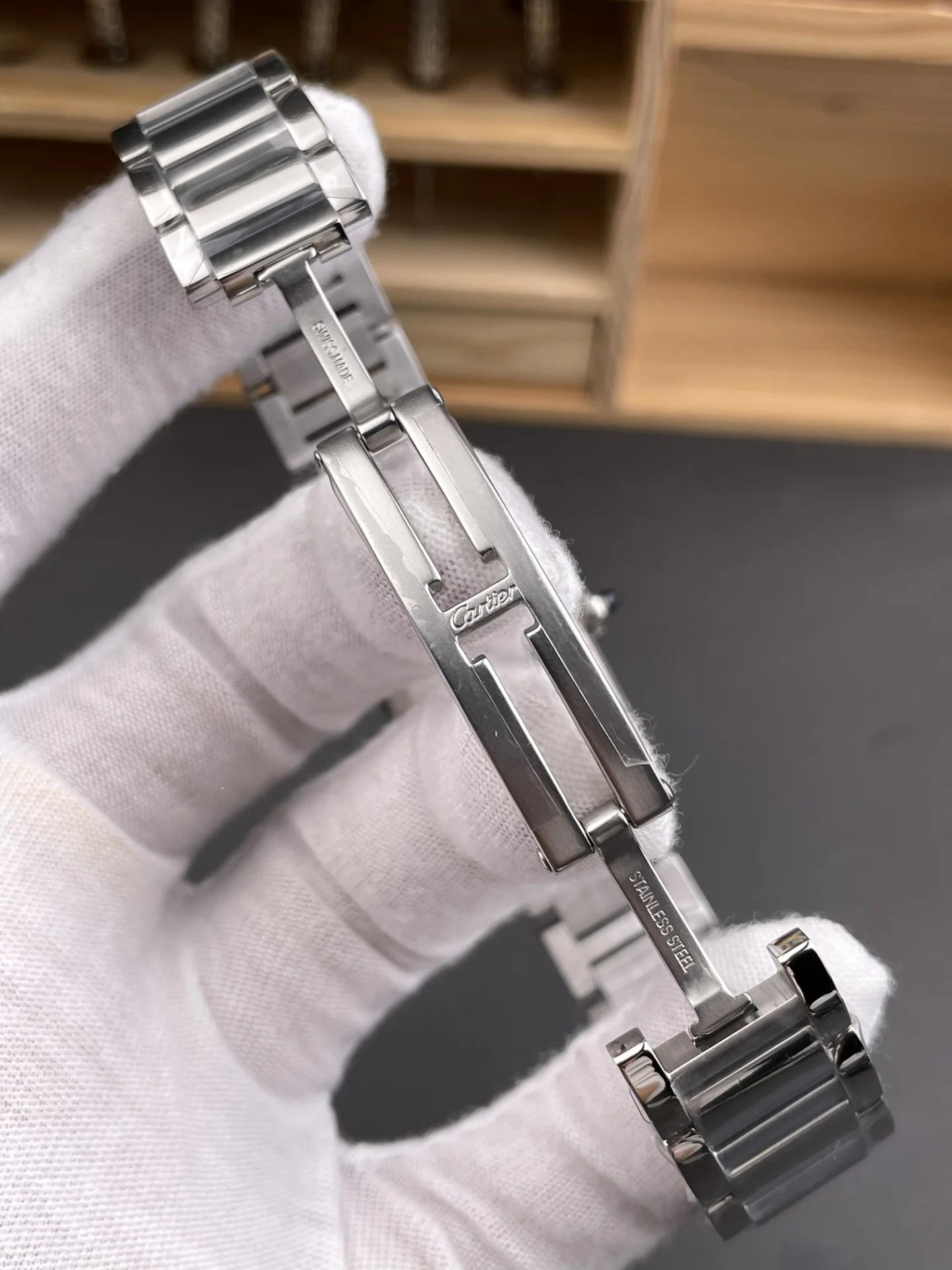 Cartier Tank Steel Diamond-Set 29.5 × 22mm — photographed off the sweep