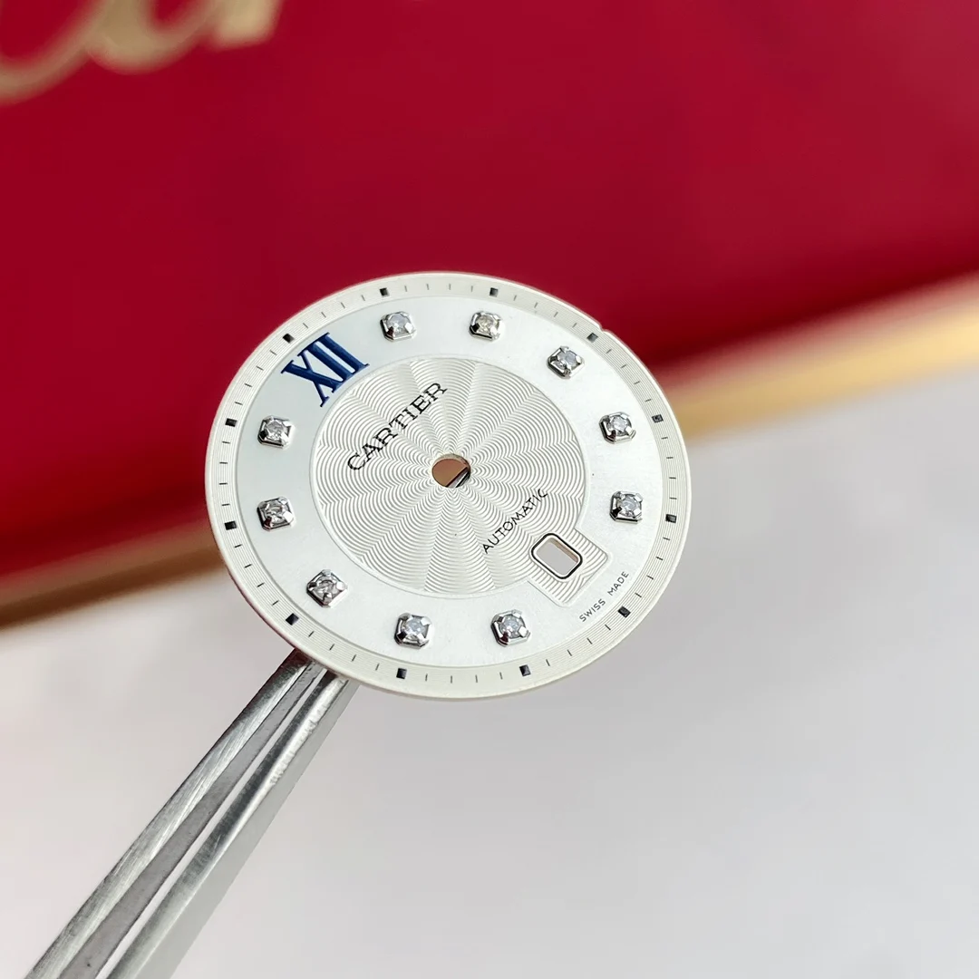 Carved sunburst pattern + 10 natural diamond hour markers — photographed off the sweep