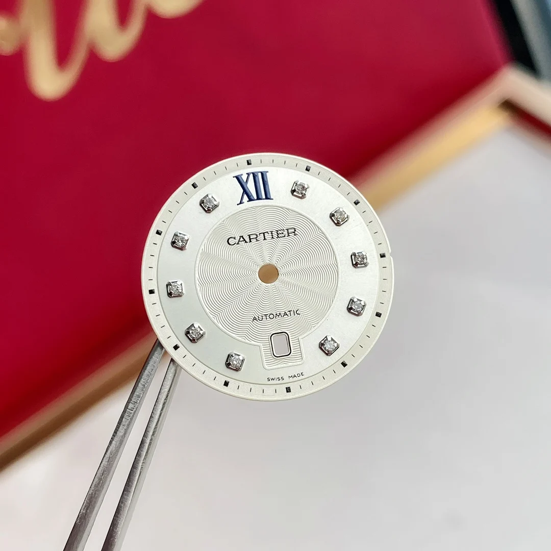 Carved sunburst pattern + 10 natural diamond hour markers — photographed off the sweep