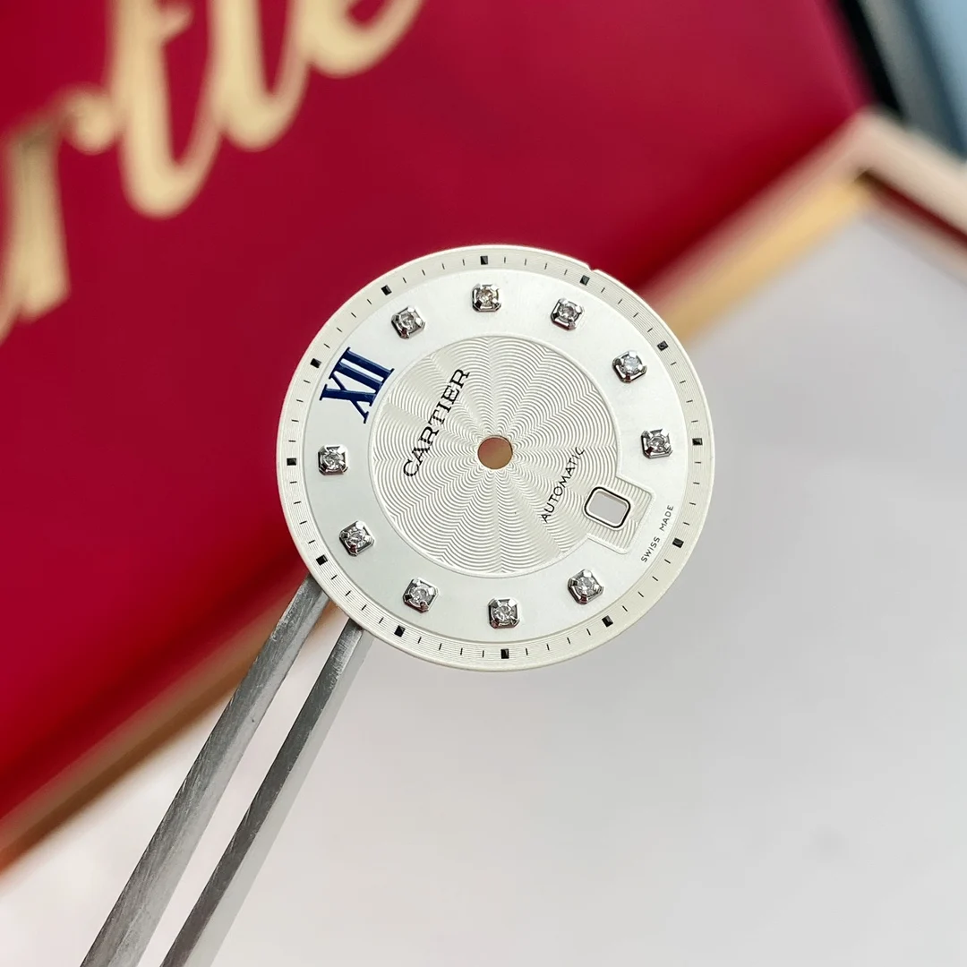 Carved sunburst pattern + 10 natural diamond hour markers — photographed off the sweep