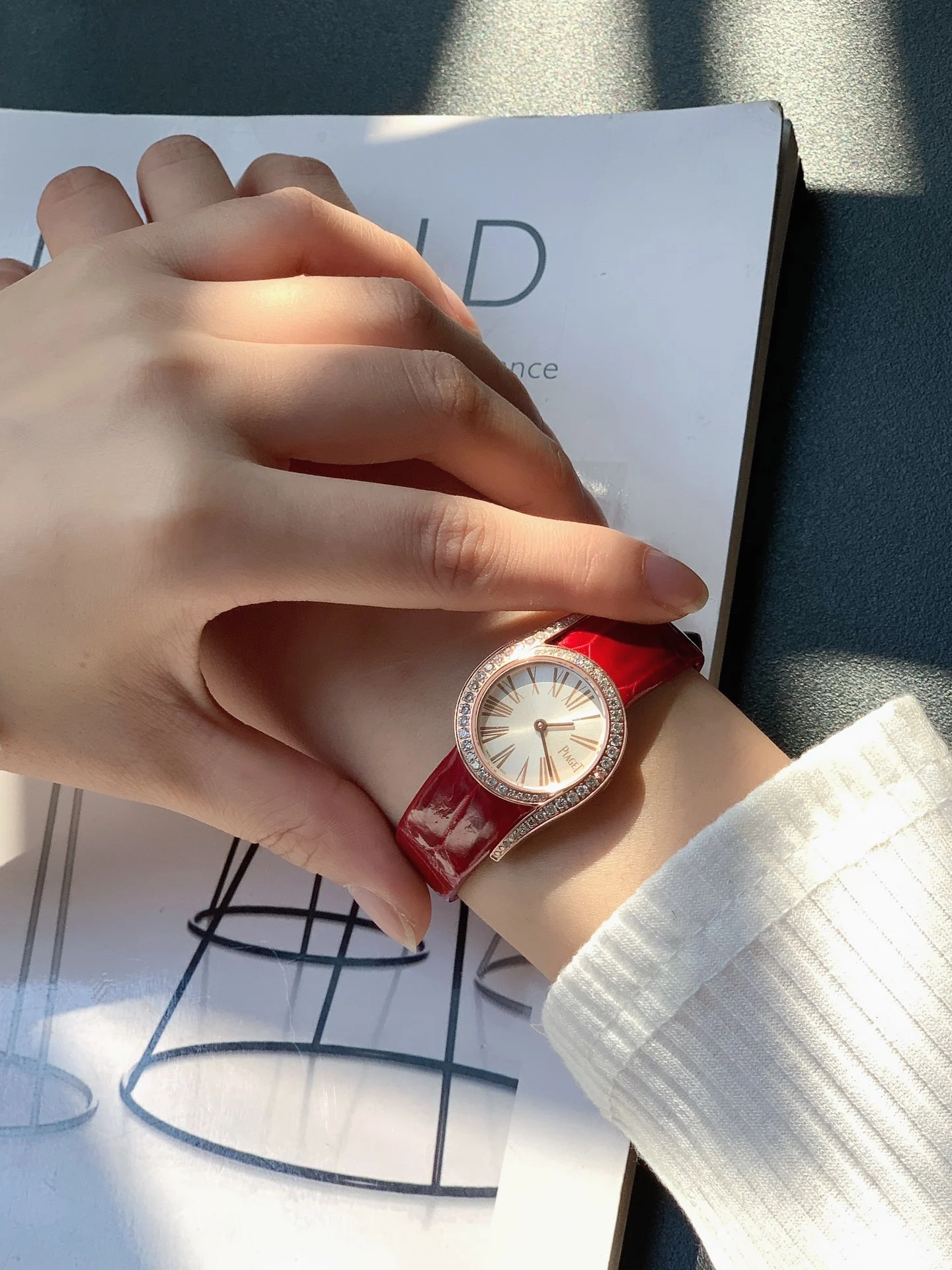 Chic red alligator leather strap — photographed off the sweep