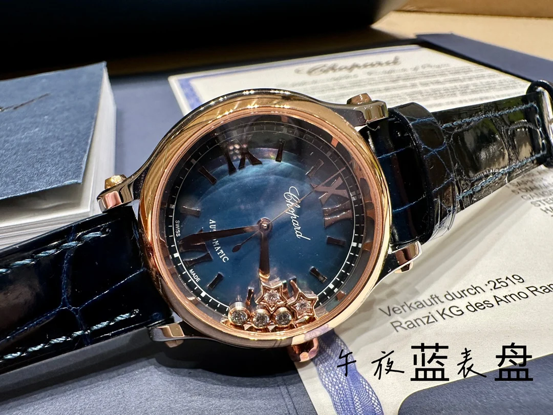 Chopard Happy Sport Rose Gold Blue Dial — photographed off the sweep