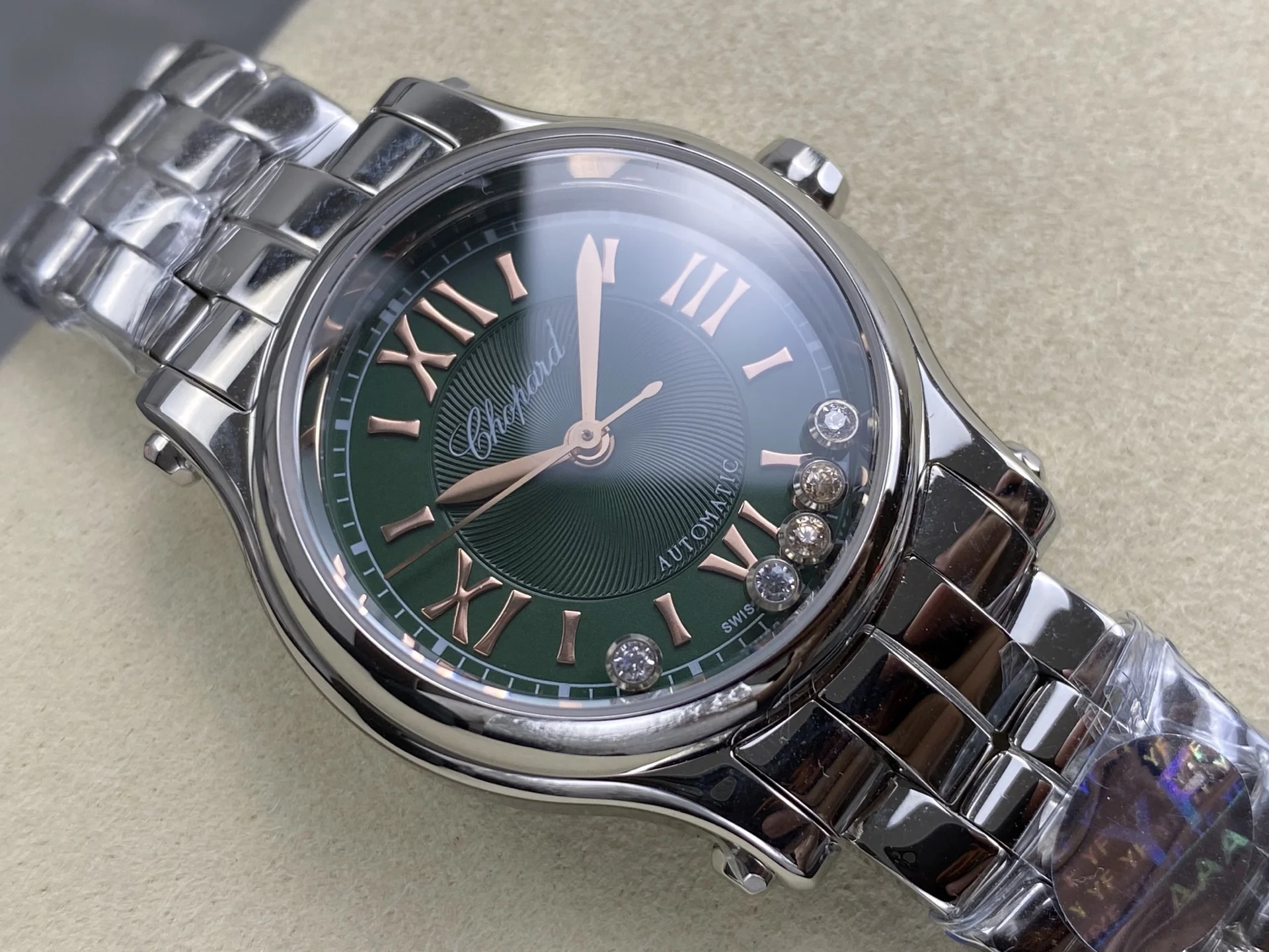 Chopard Happy Sport Rose Gold Green Dial — photographed off the sweep