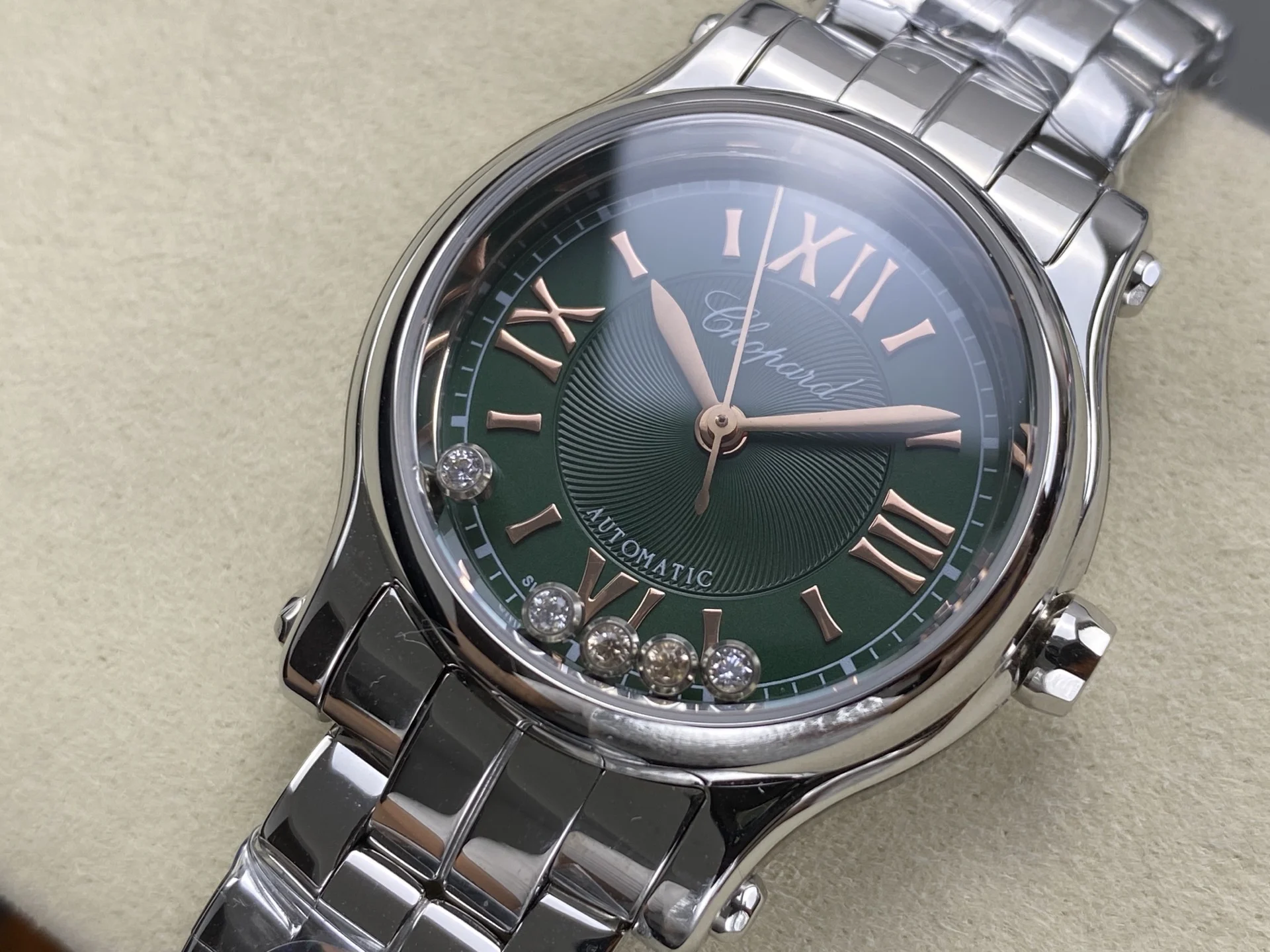 Chopard Happy Sport Rose Gold Green Dial — photographed off the sweep