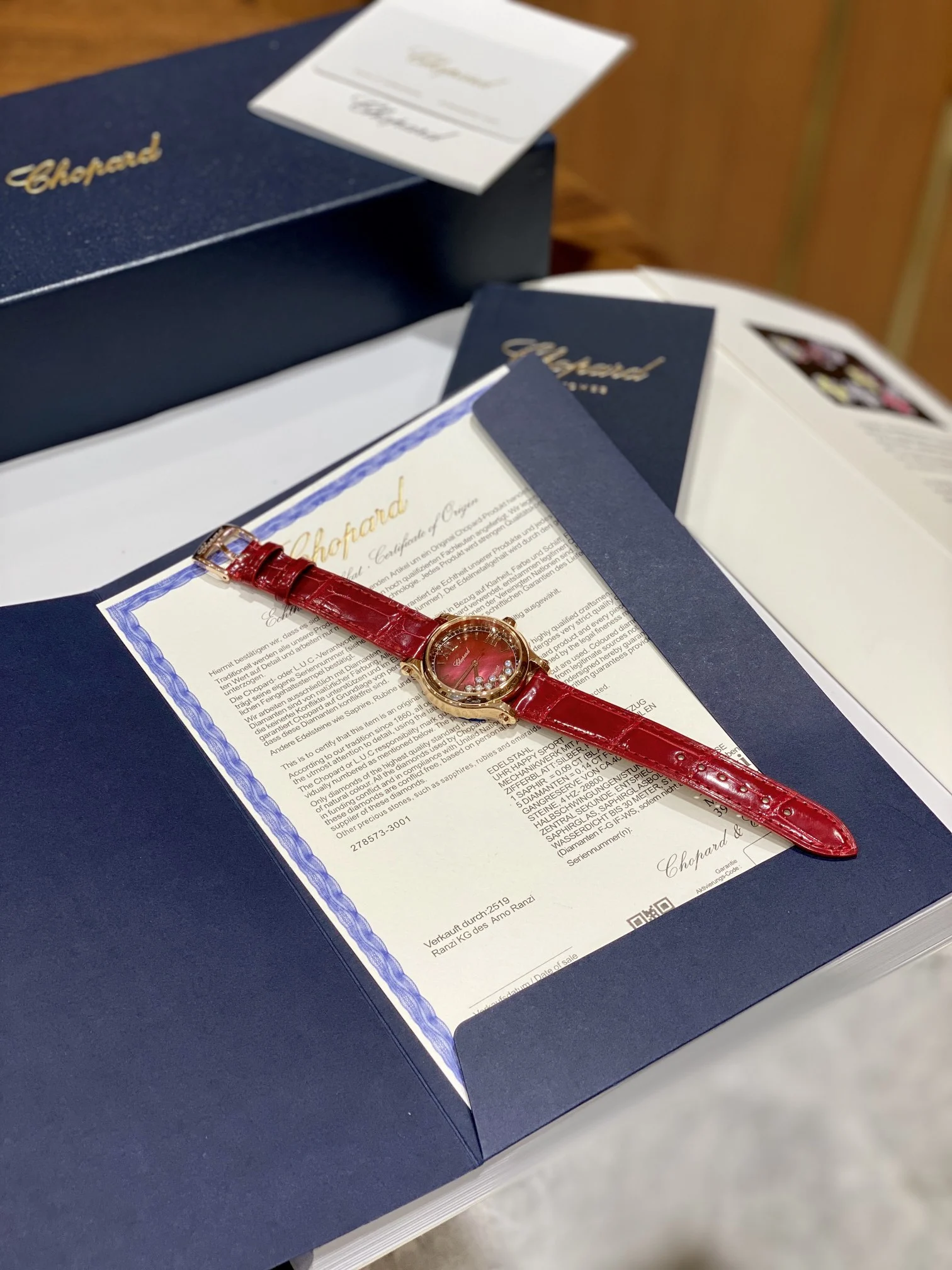 Chopard Happy Sport Rose Gold Red Dial — photographed off the sweep