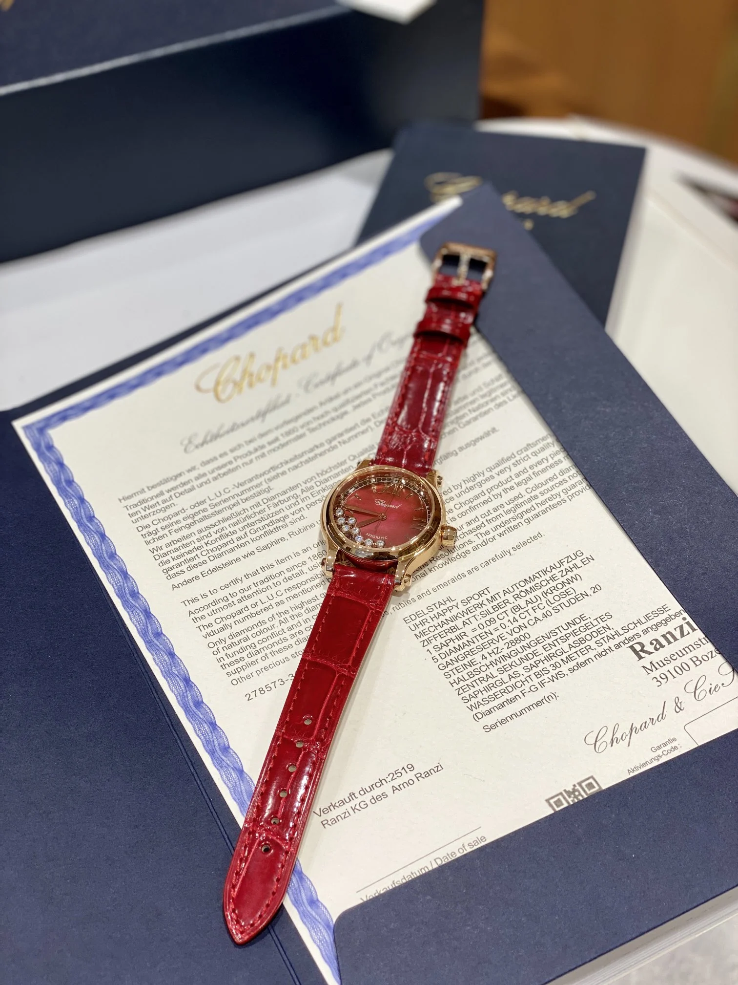 Chopard Happy Sport Rose Gold Red Dial — photographed off the sweep