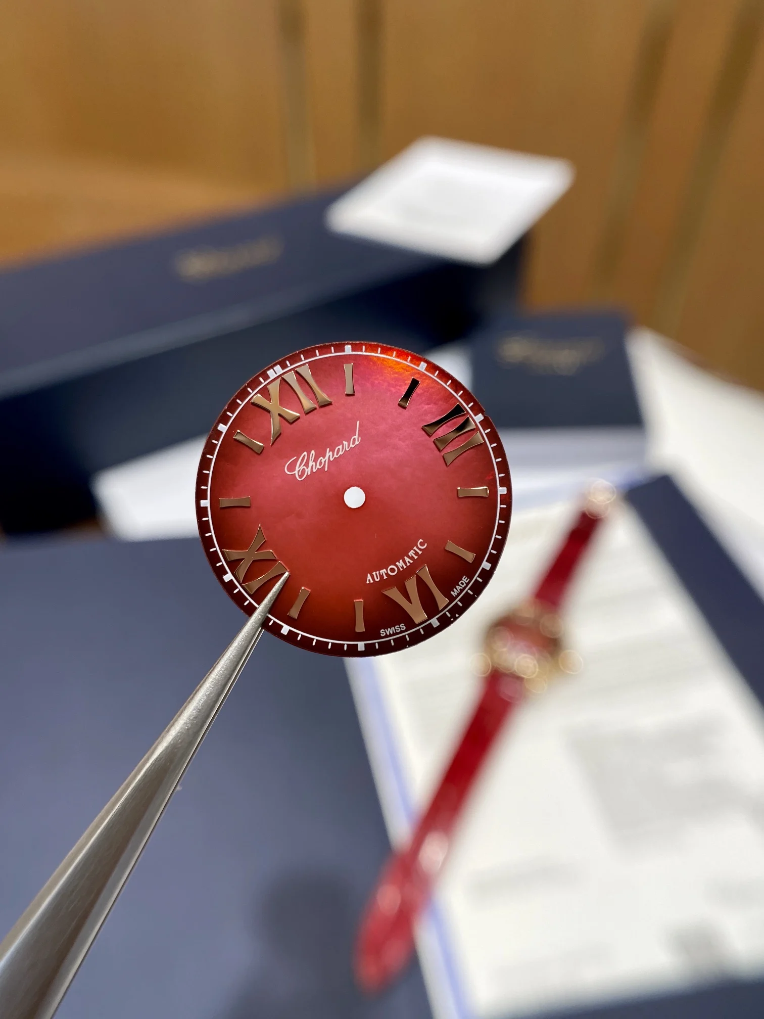 Chopard Happy Sport Rose Gold Red Dial — photographed off the sweep