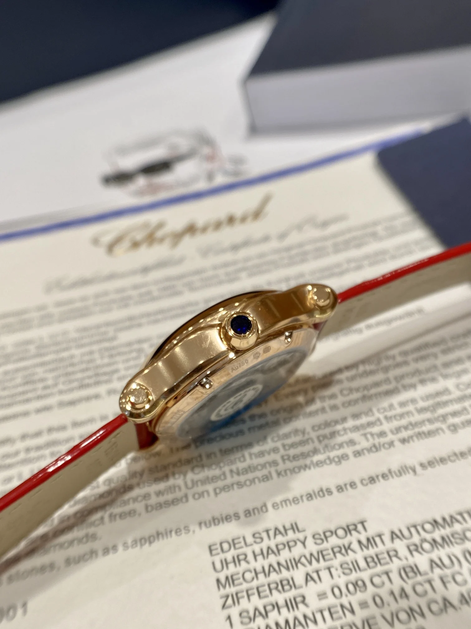 Chopard Happy Sport Rose Gold Red Dial — photographed off the sweep