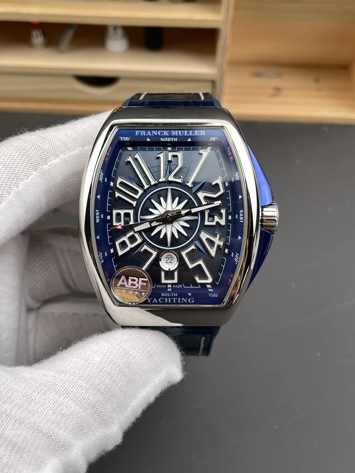 Franck Muller Blue Dial 44 × 54mm — photographed off the sweep