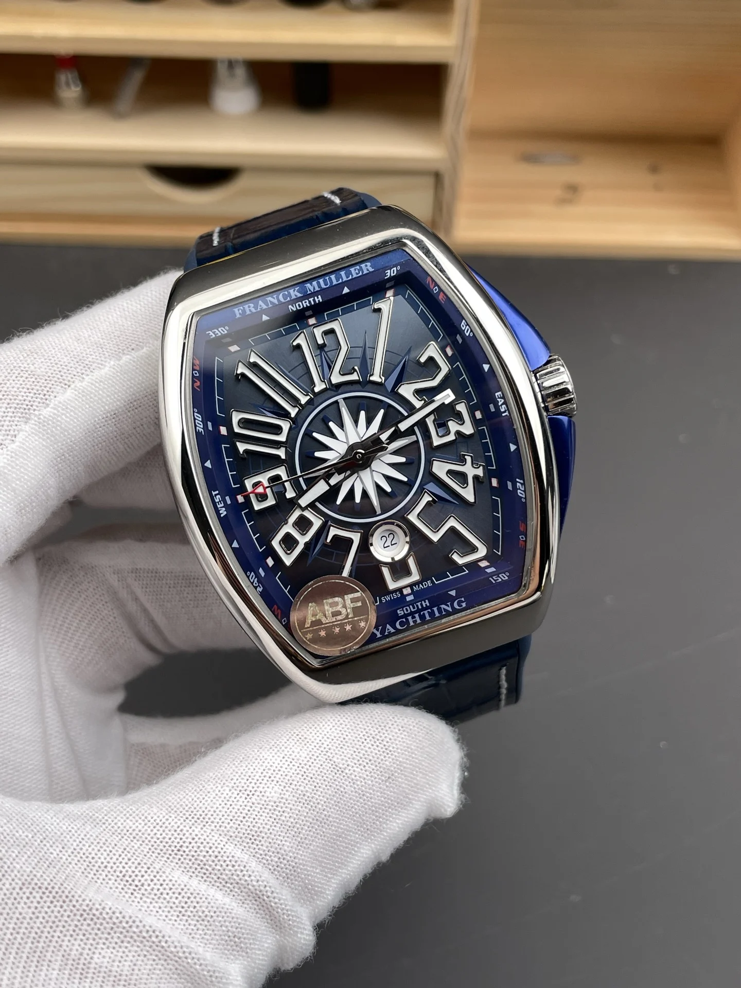 Franck Muller Blue Dial 44 × 54mm — photographed off the sweep
