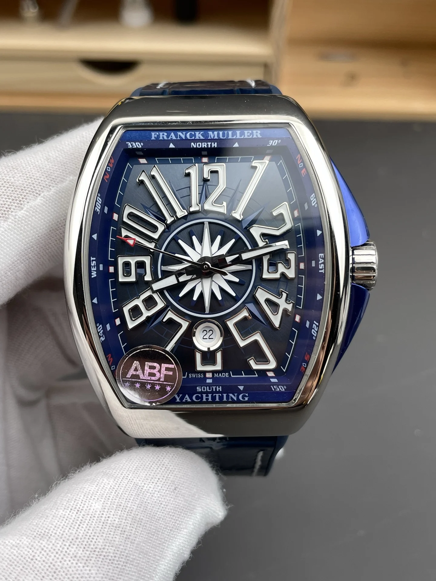 Franck Muller Blue Dial 44 × 54mm — photographed off the sweep