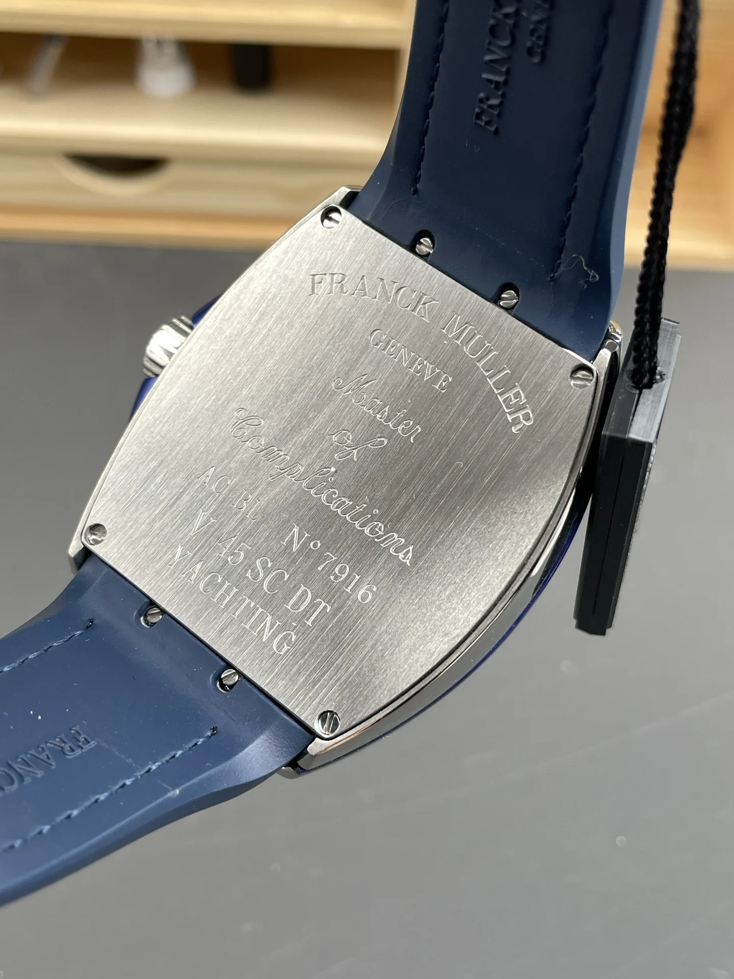 Franck Muller Blue Dial 44 × 54mm — photographed off the sweep