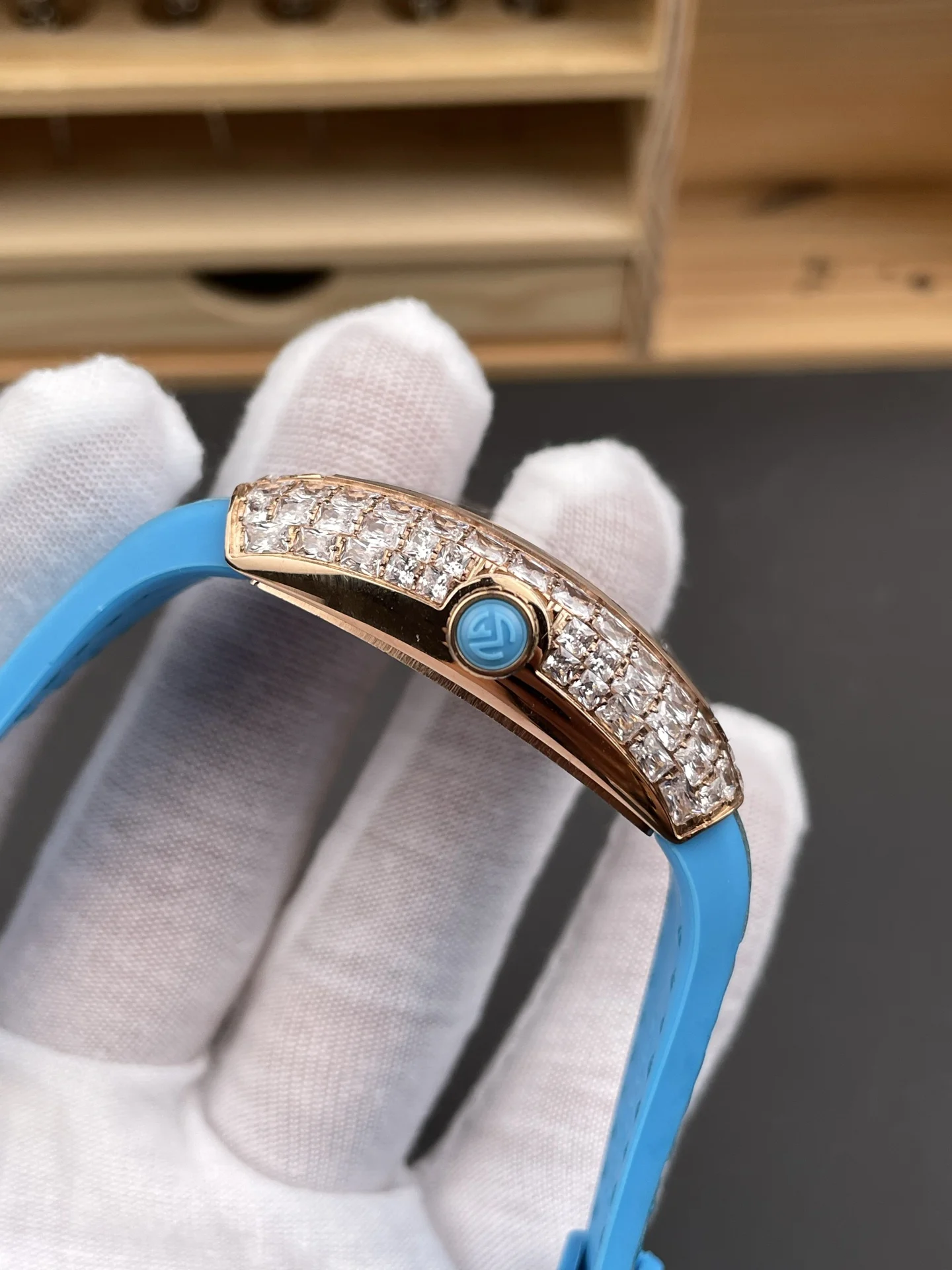 Franck Muller Rose Gold Diamond-Set 32 × 42.3mm — photographed off the sweep
