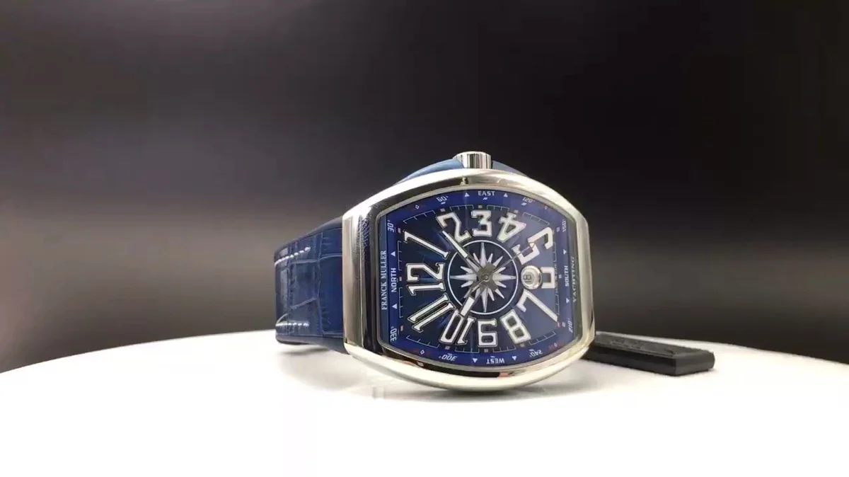 Franck Muller Vanguard Steel Blue Dial Diamond-Set 40 × 50mm — photographed off the sweep