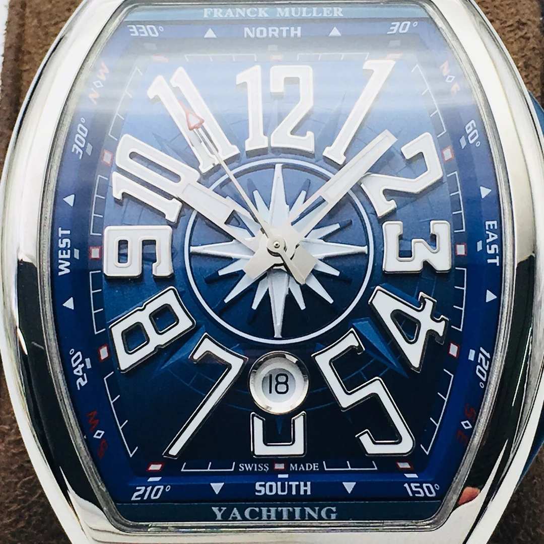 Franck Muller Vanguard Steel Blue Dial Diamond-Set 40 × 50mm — photographed off the sweep