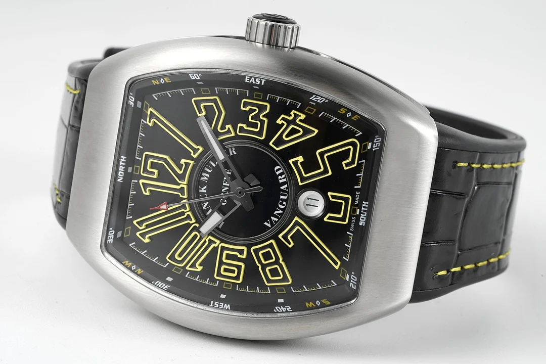 Franck Muller Vanguard Steel Blue Dial Diamond-Set 44 × 54mm — photographed off the sweep