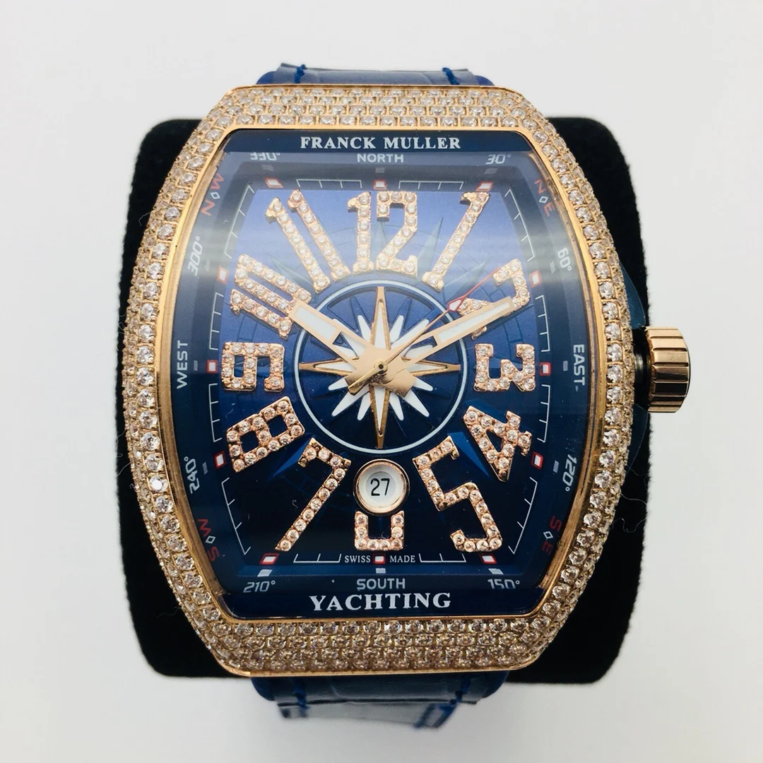 Franck Muller Vanguard Steel Blue Dial Diamond-Set 44mm — photographed off the sweep