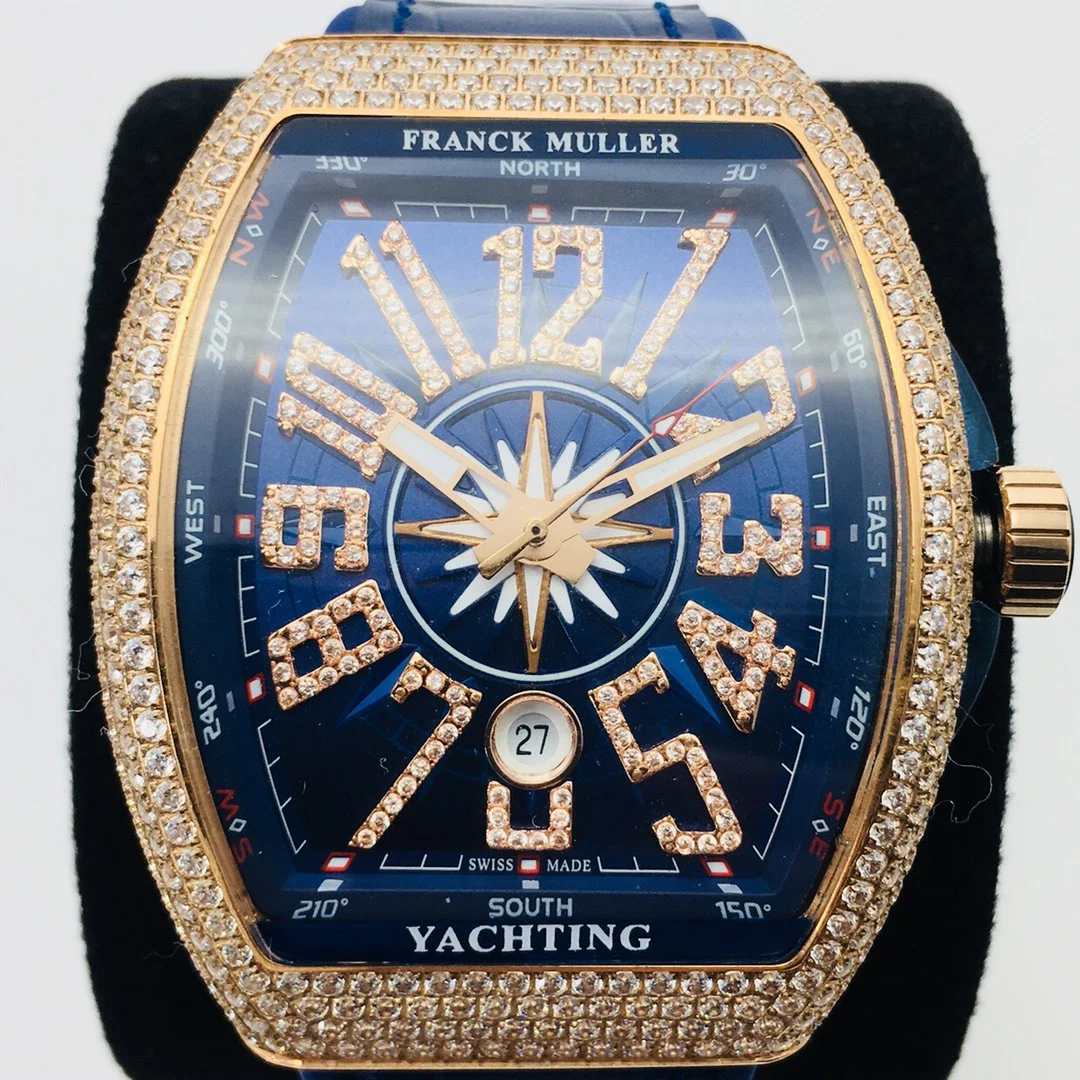 Franck Muller Vanguard Steel Blue Dial Diamond-Set 44mm — photographed off the sweep
