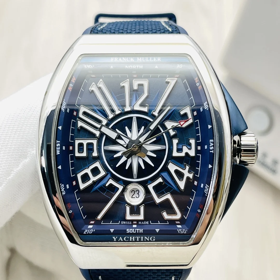 Franck Muller Vanguard Steel Blue Dial Diamond-Set 44mm — photographed off the sweep