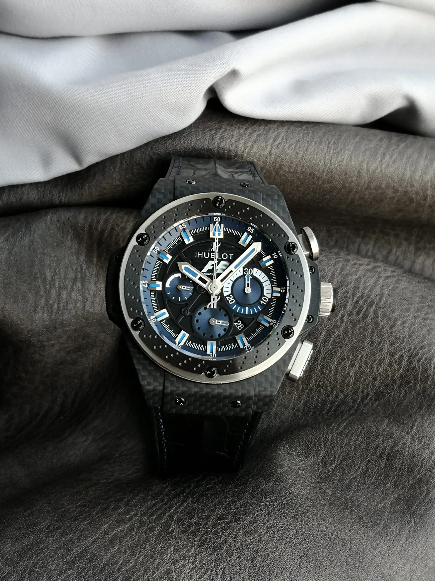 Hublot Big Bang Carbon Blue Dial 45mm — photographed off the sweep