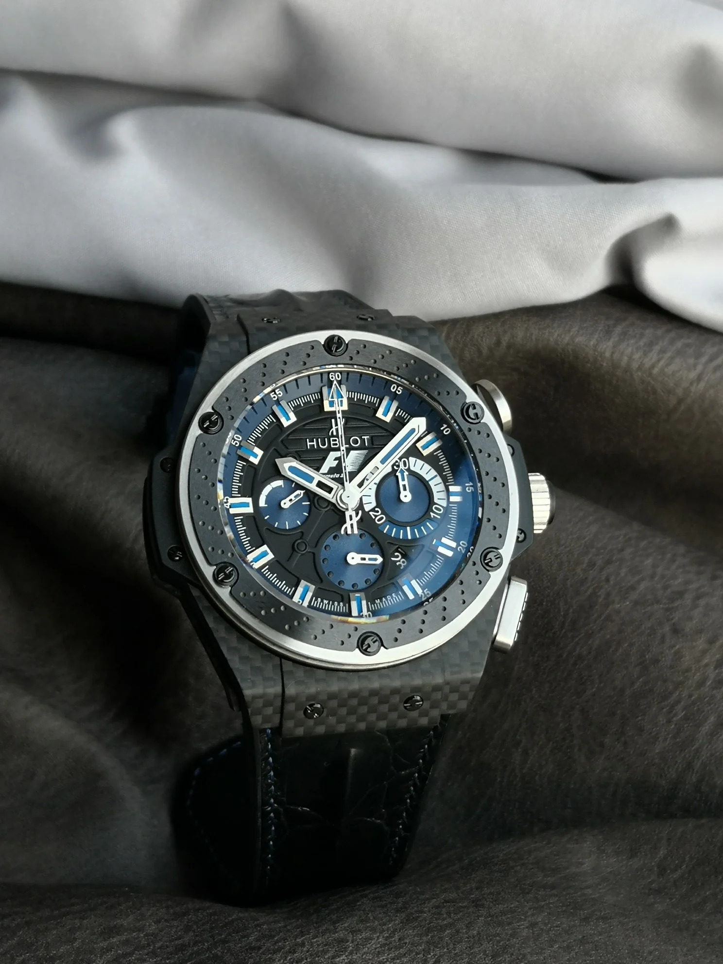 Hublot Big Bang Carbon Blue Dial 45mm — photographed off the sweep