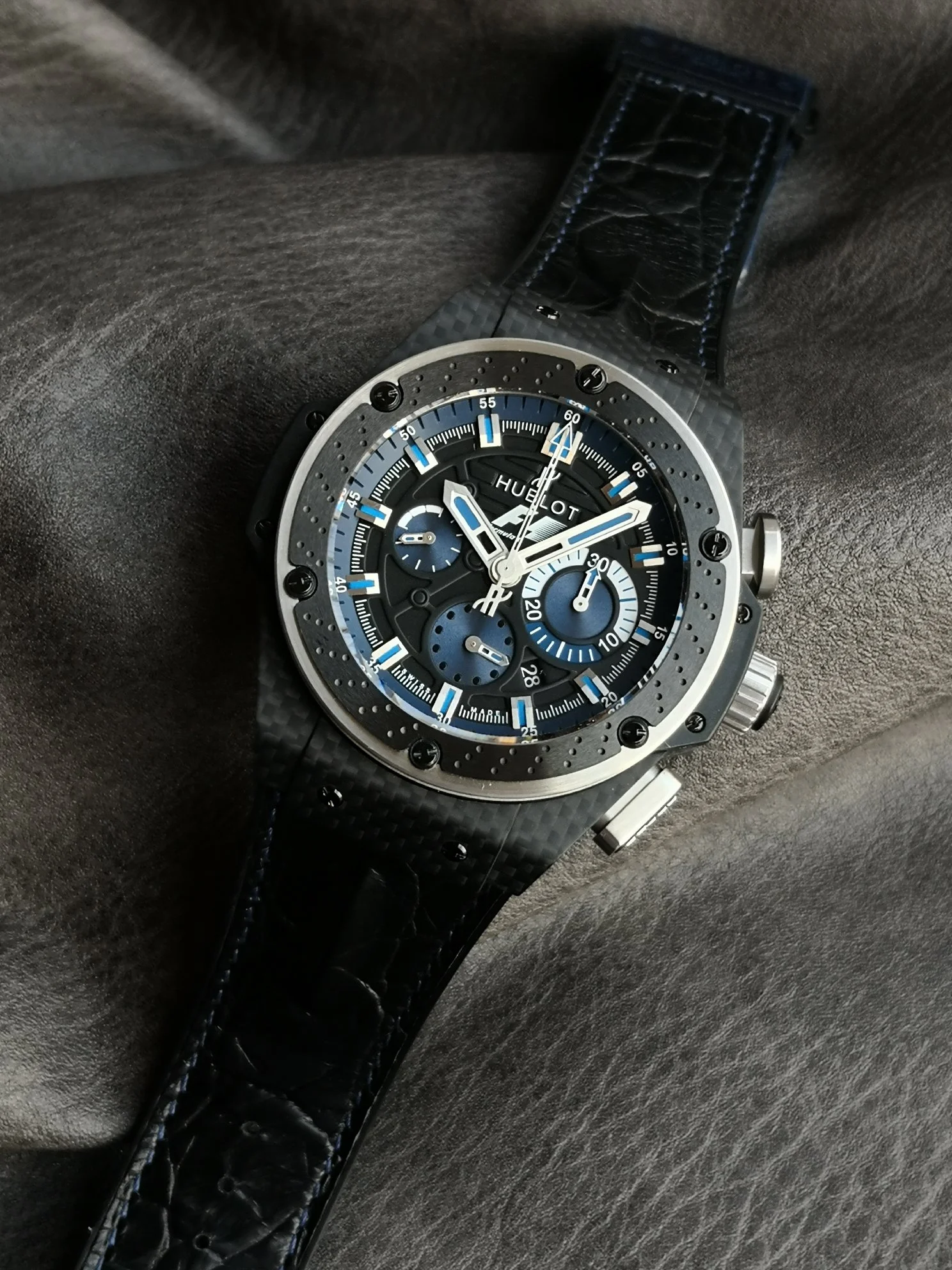 Hublot Big Bang Carbon Blue Dial 45mm — photographed off the sweep