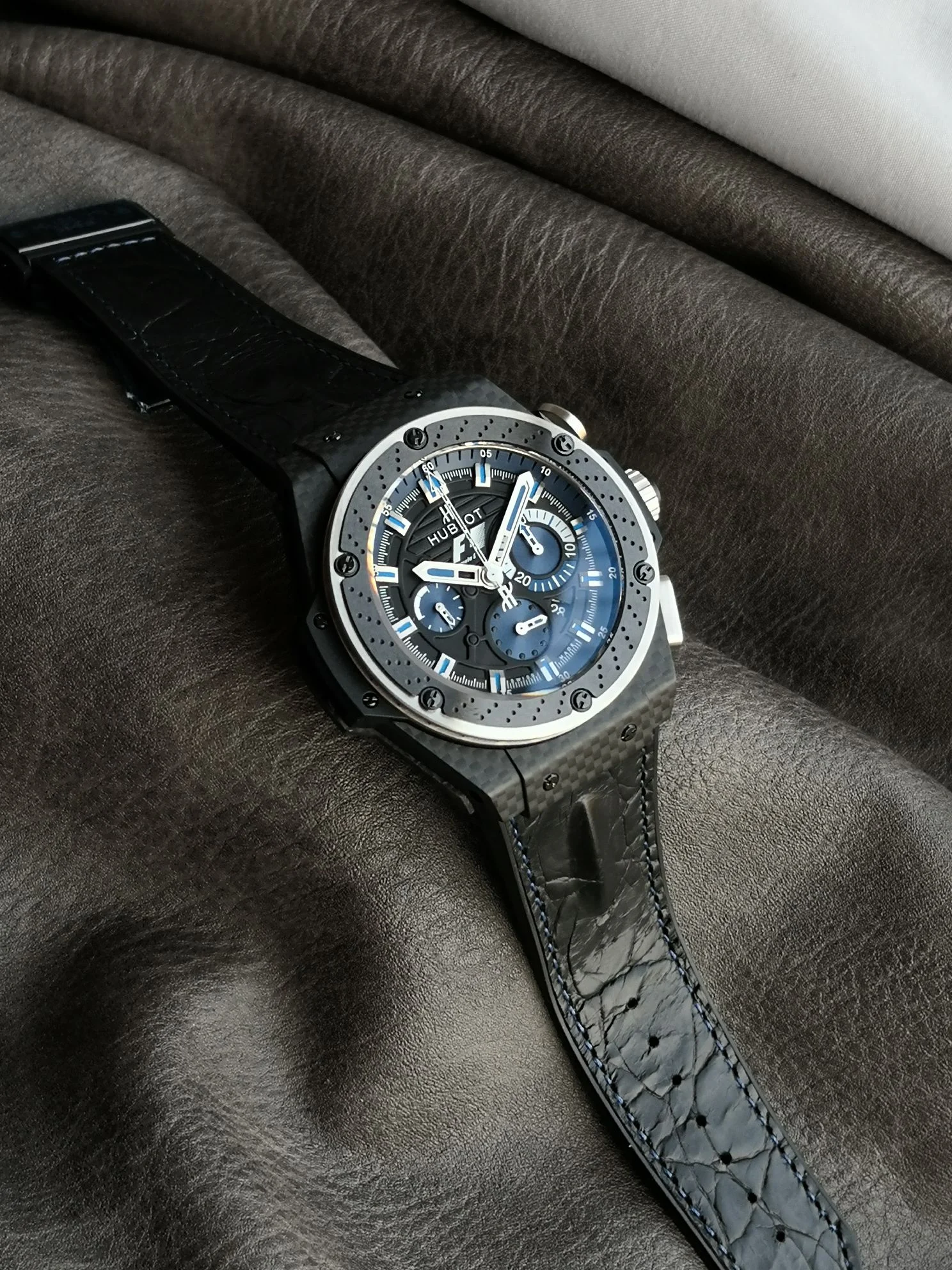 Hublot Big Bang Carbon Blue Dial 45mm — photographed off the sweep