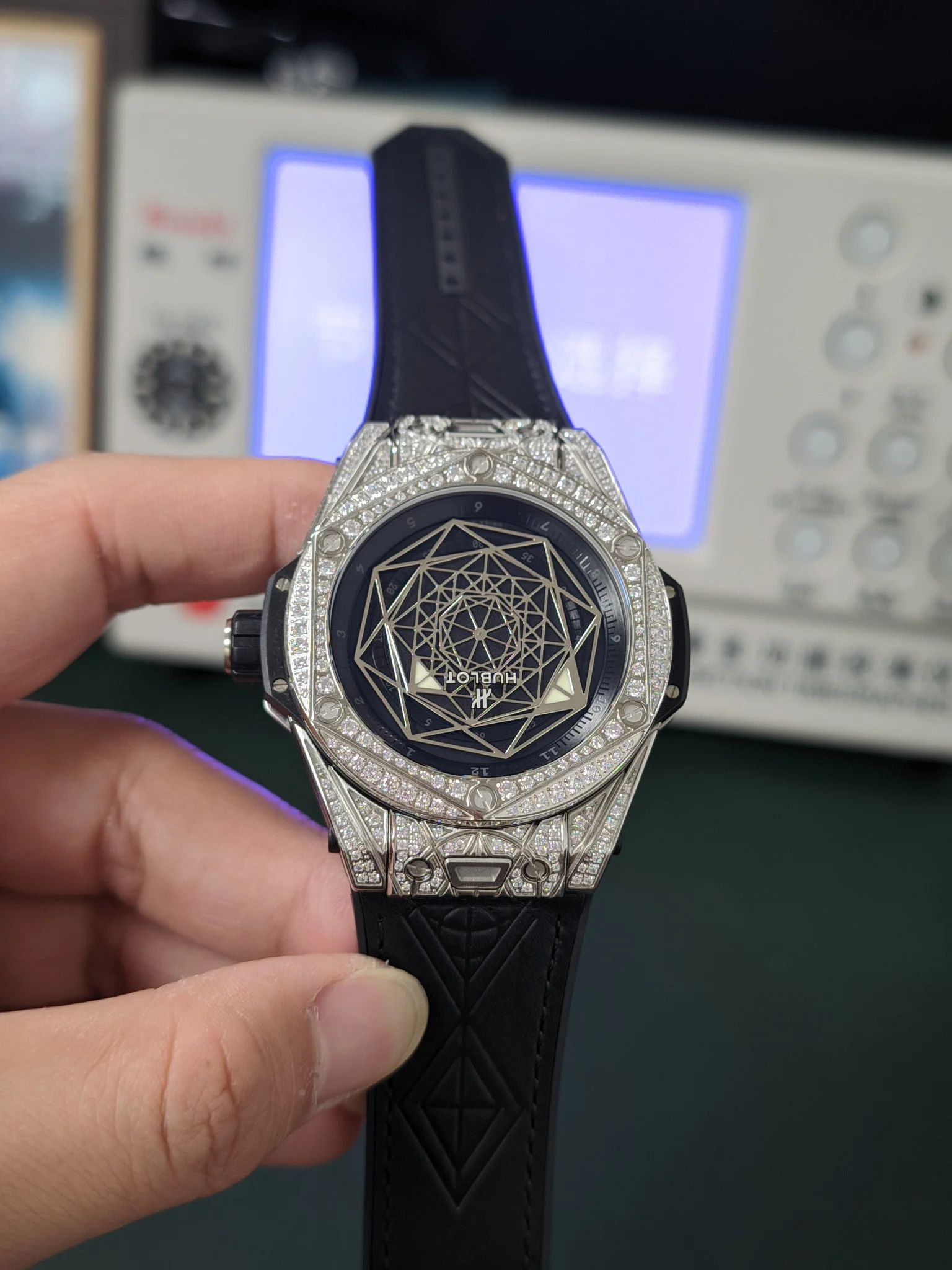 Hublot Big Bang Titanium Blue Dial Diamond-Set 45mm — photographed off the sweep